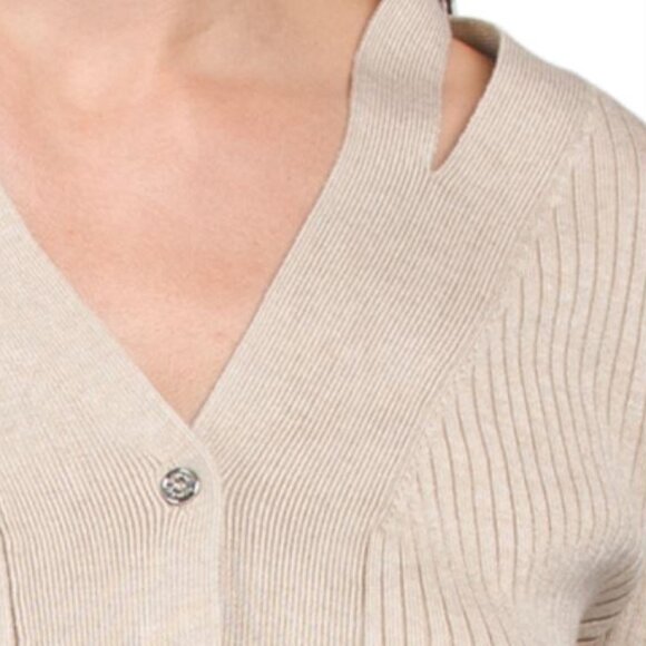 NWT CALVIN KLEIN Button Front Ribbed Cardigan with Slits Heather Latte Size M - Picture 3 of 12